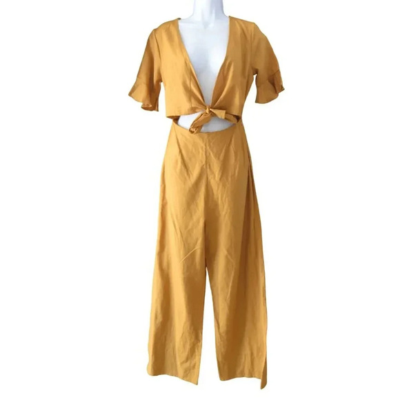 NWT ASOS || Jumpsuit Mustard Yellow Waist Tie Flutter Sleeve Wide Leg Sz 2 TALL - Picture 4 of 11